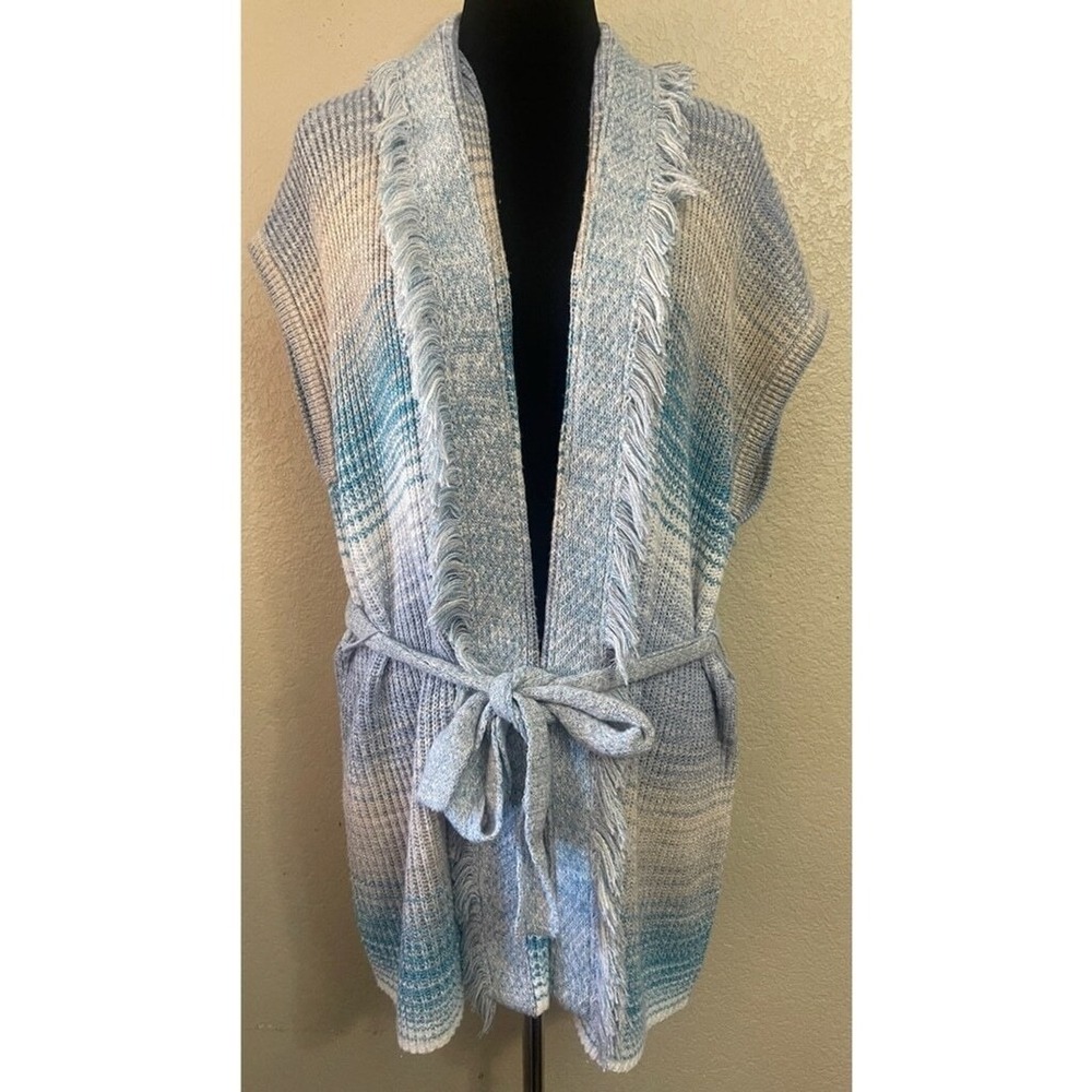 Intermix Knit Fringe Cardigan Blue‎ Beige Open Front Belted Short Sleeve
